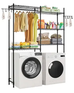 Over The Washer And Dryer Storage Shelf, 5-Tier Laundry Room Drying Rack With Hanger Rod And Hooks, Adjustable Over Washer And Dryer Shelves, Space Saving Laundry Room Organizer, Black