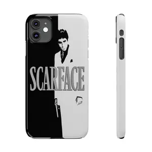 Scarface Tony Montana Split Black White Phone Case Slim Lexan Construction Glossy Surface Lay-flat Bezel Wireless Charging Compatible