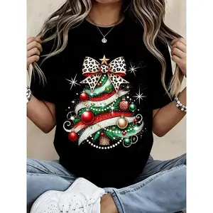 Christmas Tree Print Women's T-Shirt With Leopard Bow And Sparkle Design, Festive Holiday Top For Xmas Celebration, Black Casual Tee For Womenmen's clothing store