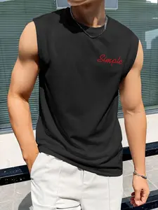 Men's sleeveless top, minimalist 'Simple' handwritten print style, simple and modern aesthetic clothing, understated trendy style, suitable for everyday casual wear, casual gatherings, post-work relaxation, and contemporary casual outfits