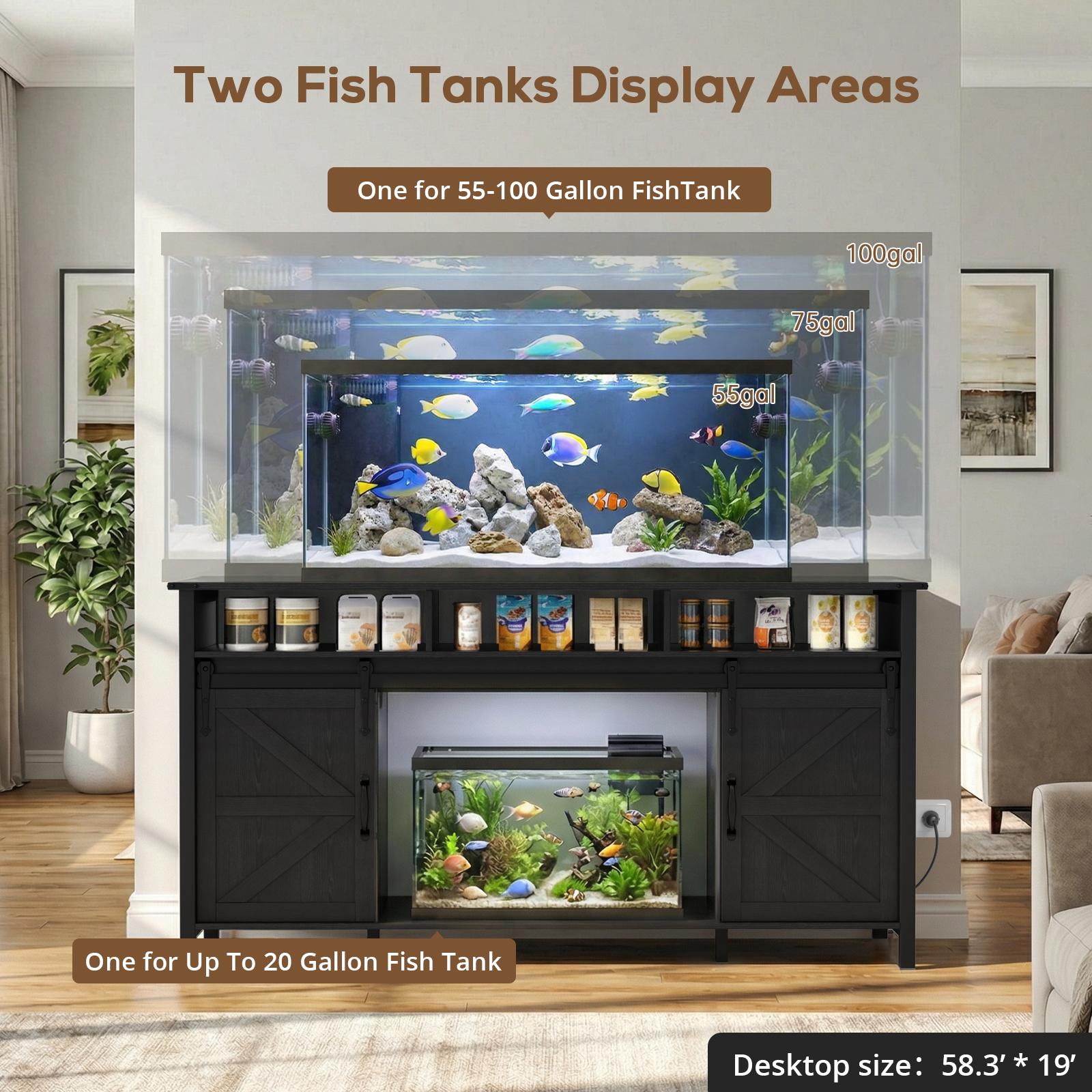 VOWNER 75-90 Gallon Fish Tank Stand with Power Outlet, Farmhouse Aquarium Stand with Storage Cabinet & Sliding Barn Doors, Heavy Duty Reptile Tank Stand, for 2 Tanks, 1000LBS Capacity