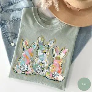 Comfort Colors Brushstroke Easter Printed T-Shirt, Cute Bunny Easter, Women Crew Neck Tee, Soft Cotton T-Shirt, Retro Summer Outfit