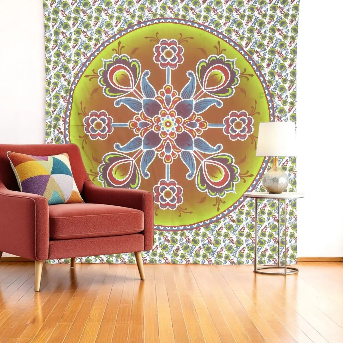 360 stand Handmade Vertical Hanging Wall Tapestry, 88x84 in Green-White-Yellow Floral Cotton Design, Bohemian Decoration Items, Home Decor Supplies for Wall, Room, Flower, Wall Tapestries