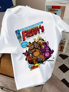 Boys' Casual Cartoon Bear Freddy Short Sleeve T-Shirt, Loose-Fitting Long Top, Creative Design for Outdoor Wear, Trendy Boys' Fashion