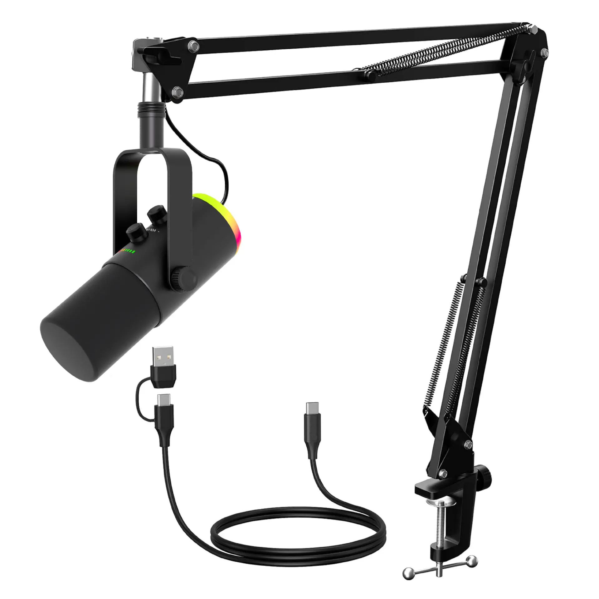Professional USB Gaming Podcast Condenser Microphone Kit with Adjustable Metal Boom Arm, 360° Rotatable Design, ENC Noise Reduction, HD Sound Pickup, Easy 1-Touch & Gain Control for PC Laptop Twitch YouTube Streaming Recording, Easy One-Touch Control