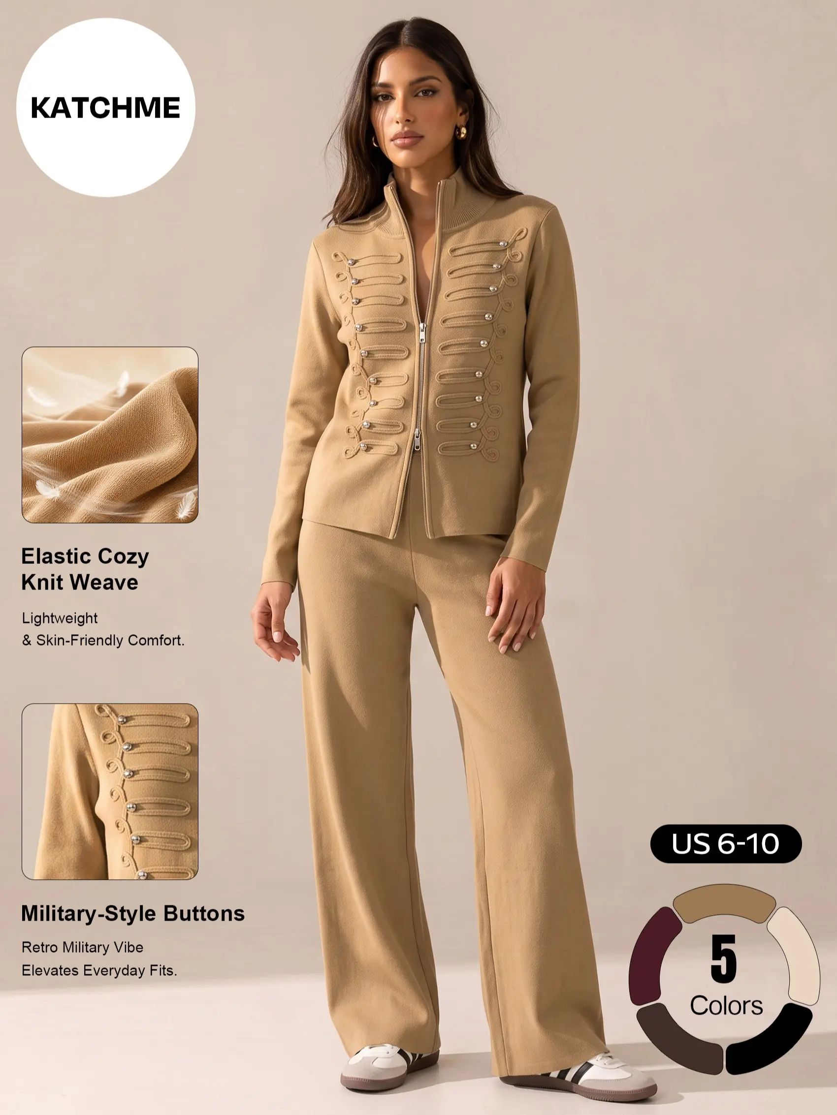 Katch Me Chic Women's Versatile Double Zipper Knit Cardigan & Wide Leg Trousers Co-ord, Vintage Napoleon Military Band Style Mock Neck Matching Set, Lightweight Stretchy Cozy Solid Color Two Piece Outfit #TikTokMadeMeBuyIt #CasualSet #ComfyOutfit