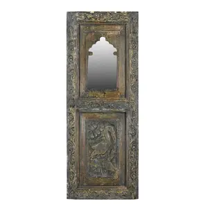 Farmhouse Style Hand Carved Vintage Window With Mirror Wall  Panel