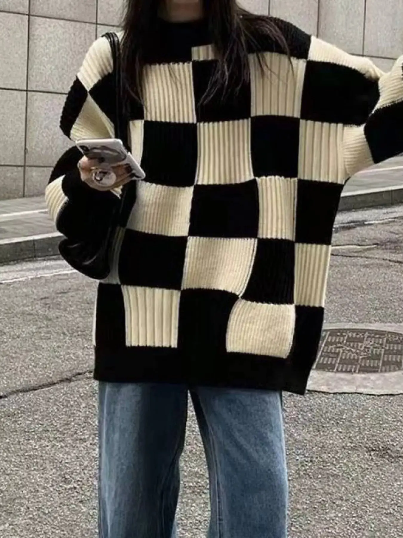Checkerboard Pattern Oversized Sweater