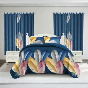 Blue Leaf Ombre Bedspread Set 9 Piece Coverlet with Pillowcases and Window Panels Reversible Fade Resistant Digital Print Bamboo Microfiber Blend All Seasonal Farmhouse‌ Bedroom Decor