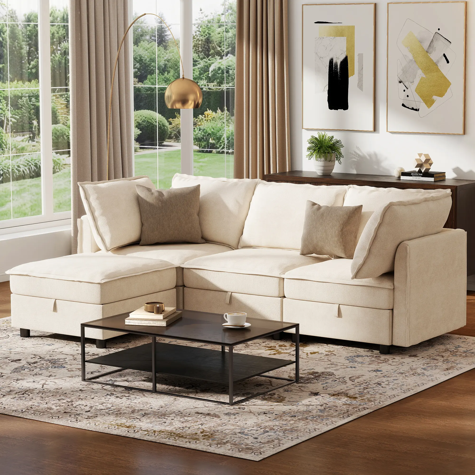 GuroMagicSofa 97" Modular Sectional Sofa with Storage, U-Shaped Modern Sofa Couch with Movable Ottomans for Living Room, Office, Beige