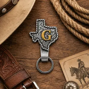 Texas Initial Keychain for Men & Women – Handmade Western Cow Tag Key Holder with Copper Letter, Cowboy Belt Loop Keychain, Texas-Shaped Key Organizer for Bags, Jeans & Gifts