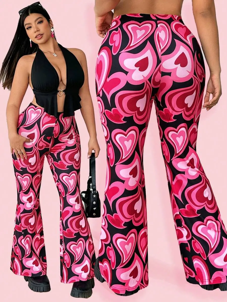 Plus Size Women's Valentines Clothes,Heart Graphic Print Casual Flare Pants, Everyday Wear,Spring Summer Clothes/Valentine's Day Fall