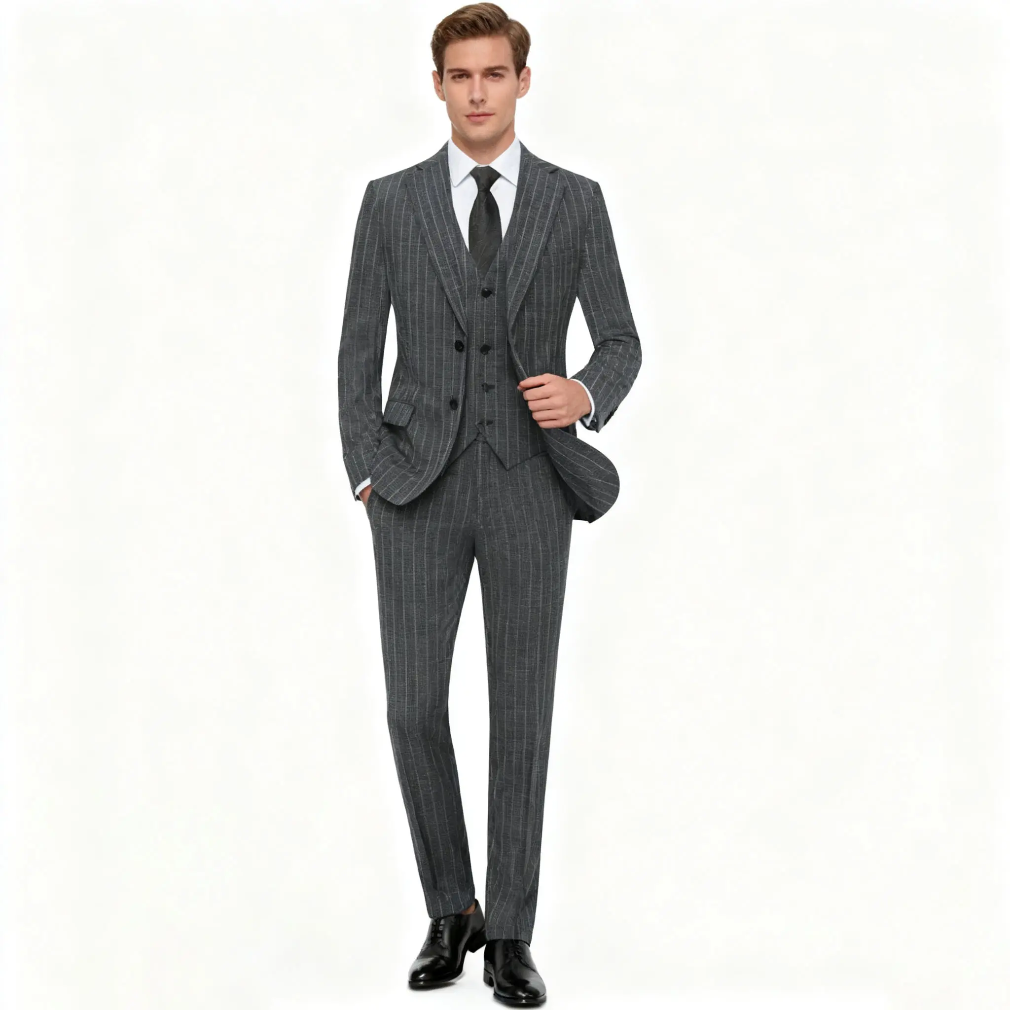 Men's Slim-Fit Pinstripe Single-Breasted Suit Set - Premium Breathable Menswear Fabric, Classic Groom Office Outfit with Pocket, Casual-Formal Wedding Business Jacket