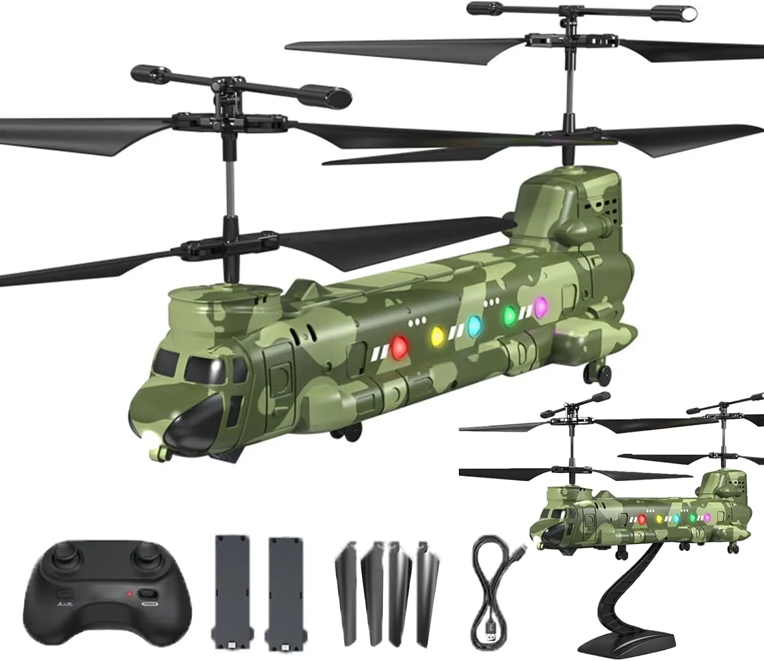 LM19-D Chinook RC Helicopter, Military Transport Remote Control Helicopter Toy with Altitude Hold, LED Lights, One Key Takeoff/Landing, Army RC Toys Beginner Friendly Military Fans