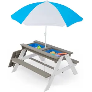 Wooden Kids Picnic Table, Sand and Water Table with Umbrella, Activity Table for Outdoor Backyard Patio Play