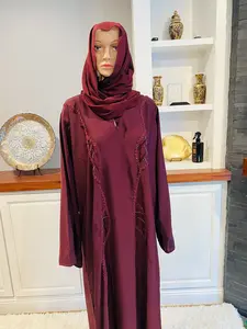 Closed Burgundy Nada Abaya Elegant Traditional Dress with Long Sleeves Flowing Design for Special Occasions