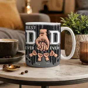 Personalized Best Dad Mug 2D Printed 3D Effect Fist Bump Coffee Cup, Custom Kids Names Gift for Dad Father Grandpa, Durable Ceramic Mug for Family Man, Father’s Day Birthday Appreciation Gift Idea from Son Daughter