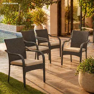 4-Piece Waterproof Curved-Arm Stacking Polyethylene Wicker Patio Outdoor Lounge Chairs - 4 Seats, Cushions Included, KD 56225.00CHRBRN Furniture Set, Outdoor Lounge Chair