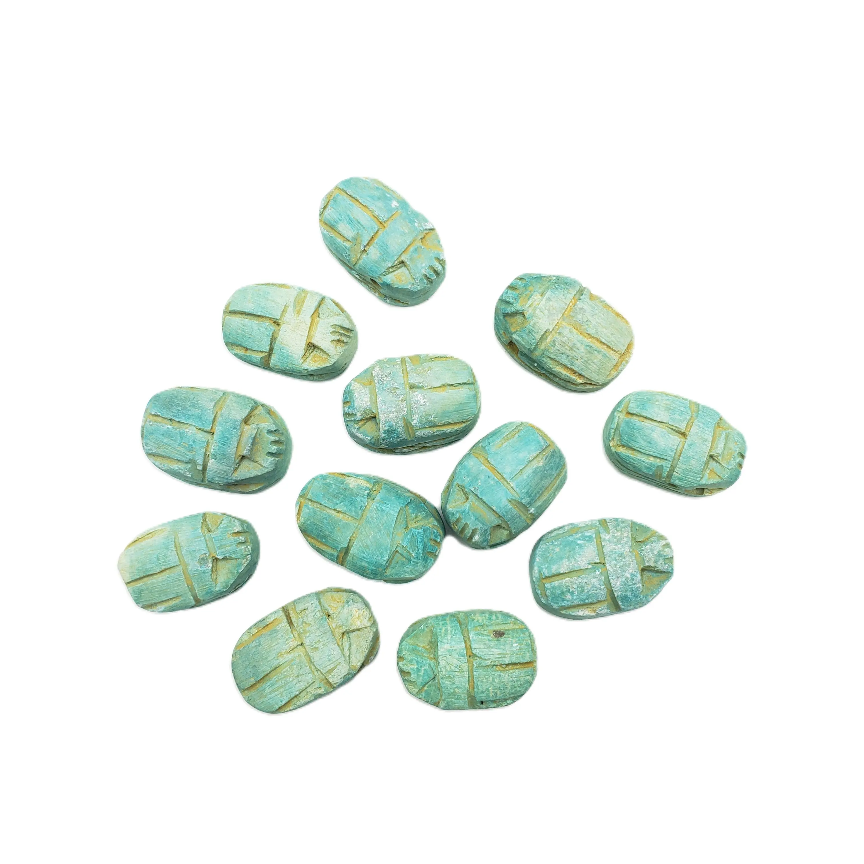 Egyptian Scarab Beads Set of 12 Medium - Green Soapstone - Made in Egypt