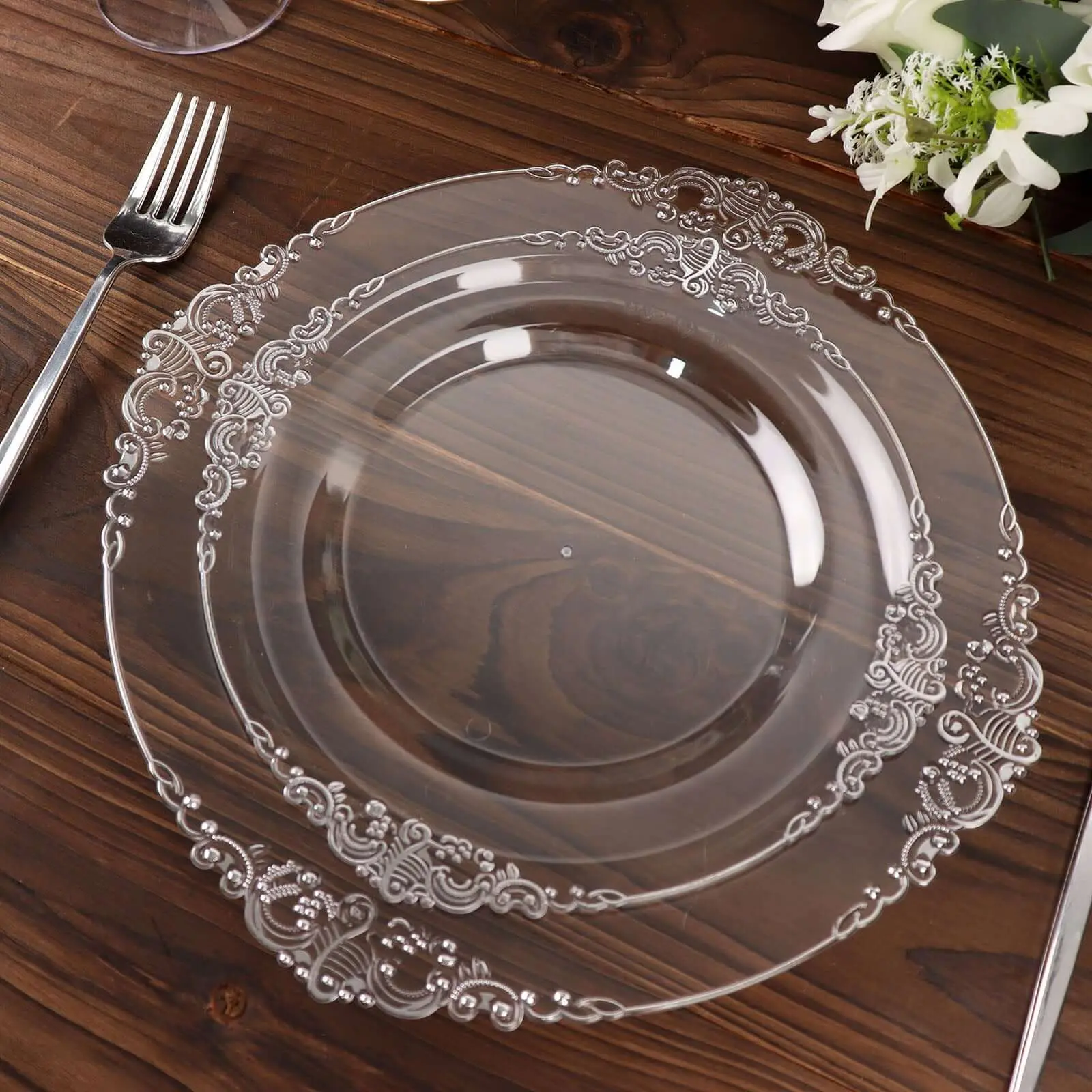 10-Pack Disposable Plastic 8" Round Dessert Plates - Silver Leaf Embossed Spill-Proof Rim, Vintage Baroque, Elegant Wedding Salad Plates for Home & Festive Party Supplies