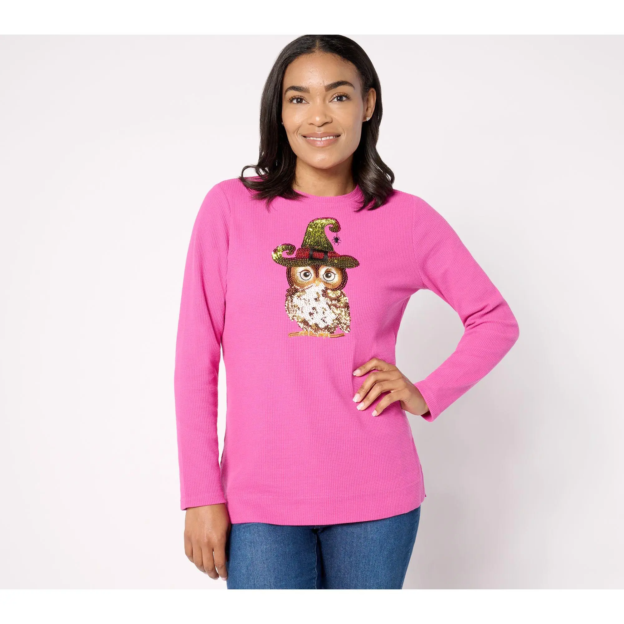 Quacker Factory If the Hat Fits Sequin Waffle Knit Top