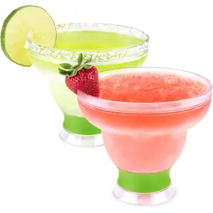 FREEZE Margarita Glasses, Stemless Frozen Cocktail Cup, Double Wall Insulated Daiquiri Plastic Tumblers, Tequila Drinking Gift Green Set of 2