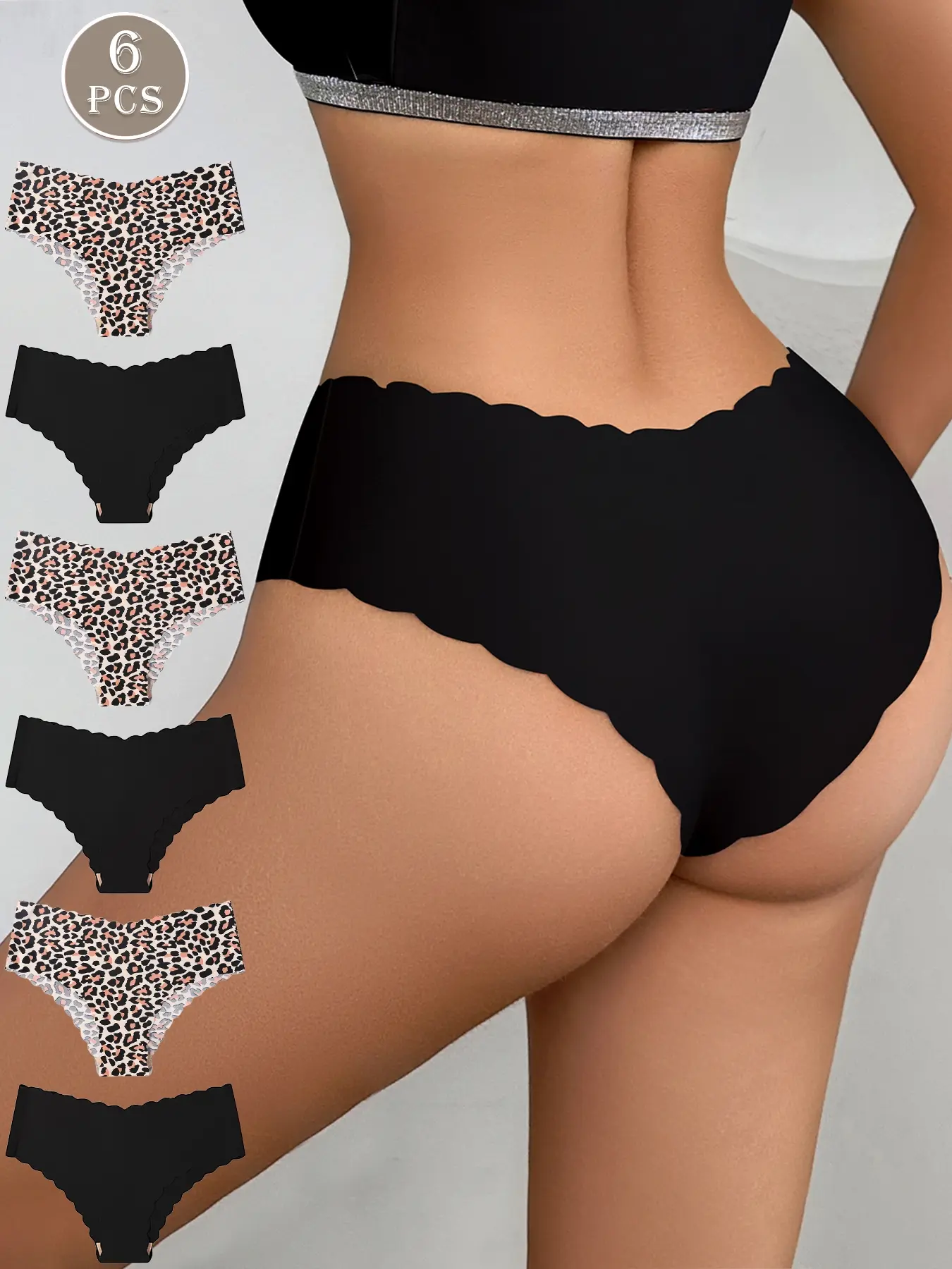 6-pair pack of women's seamless scalloped triangle panties, featuring a leopard print and black combination, comfortable for everyday wear in all seasons, Scallop Trim Panties, Seamless Underwear, Scallop Trim Knickers