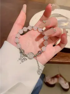 1pcsWhimsical Feline Glass Cat Eye Stone Beaded Charm Bracelet - Delicate Butterfly Accent, Dainty Wrist Adornment, Perfect Gift for Cat Lovers and Fashionistas, Stackable Bracelets