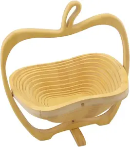 Natural Bamboo Foldable Fruit Basket 12“x11"- Collapsible Creative Apple Shaped Fruit Bowl Multifunction Heat Resistant Bamboo Trivets Pot Mat Hot Pan Pads for Kitchen Table