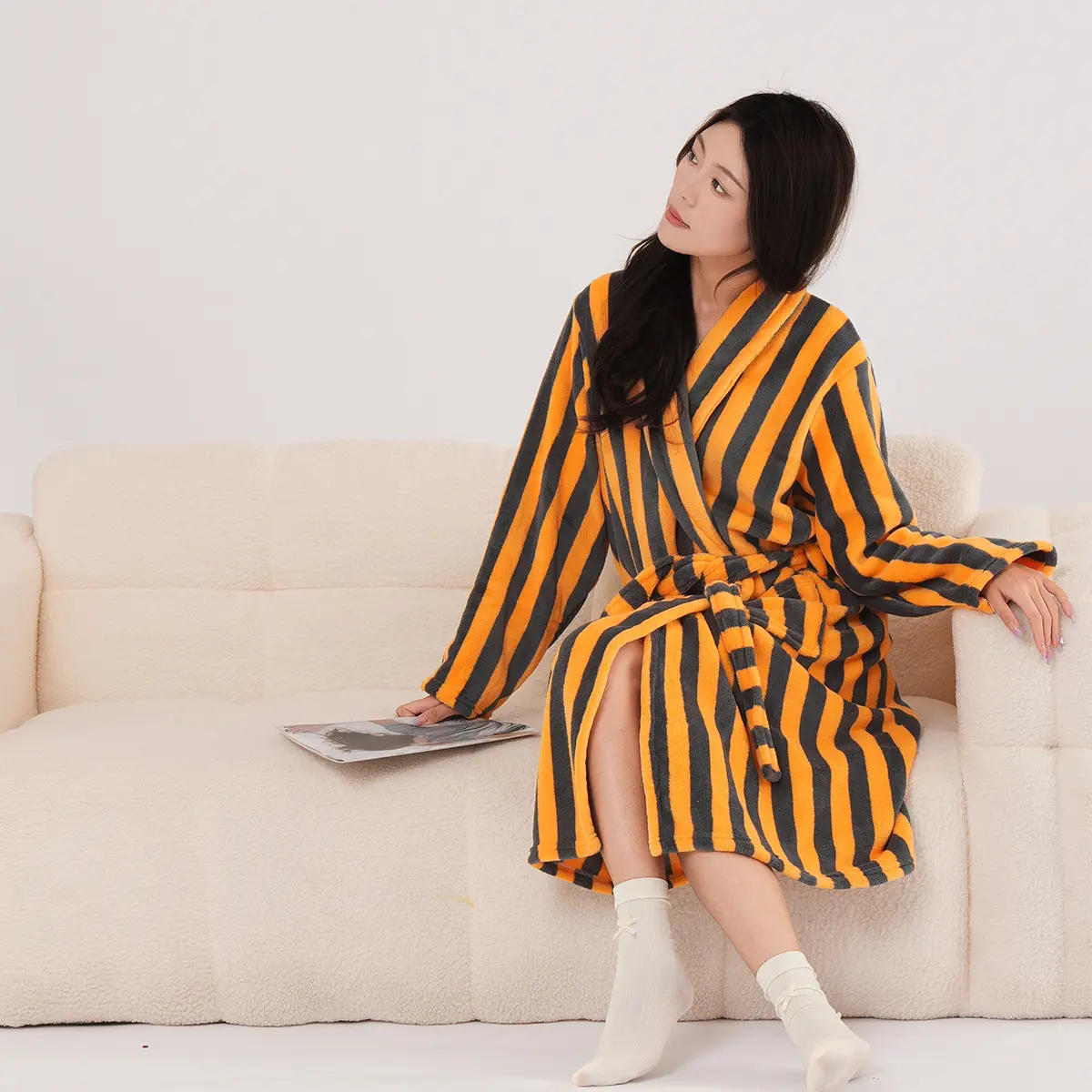 Leap single robe [Yellour Ash] Stripe co