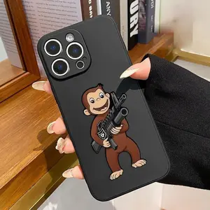 Machine Gun Monkey Pattern Straight Edge Phone Case for iPhone 17 16 Pro Max 15 14 13 12 11 Air XR E XS Plus Shockproof Non Slip Military-Grade Protection Silicone Cover.QXF370