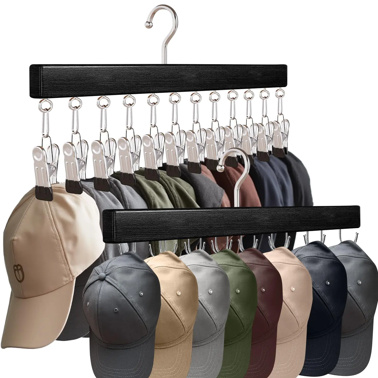 Rotatable Clip-On Wood & Stainless Steel Hanging Clothes Organizer - Modern Multifunctional 360-Degree Rotating Hanger Accessory, Holds 12 Leggings, Space-Saving Closet Holder for Jeans, Shorts, Yoga Pants