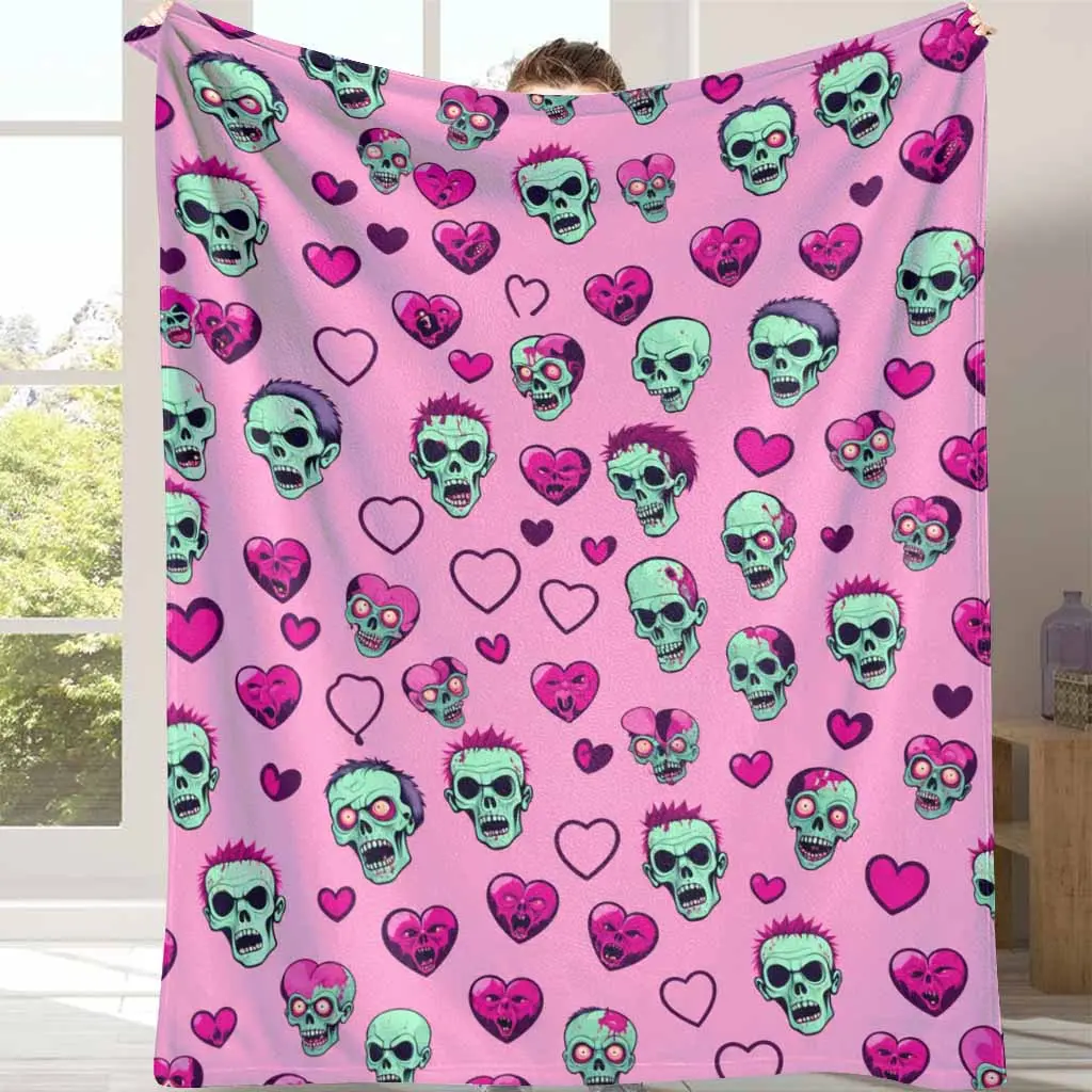 Pink Skull Heart Flannel Blanket Goth Aesthetic Pattern Soft Lightweight Warm Fuzzy Plush Throw Bedspread Perfect For Bedroom Sofa Decor Halloween Party Living Room Couch Or Unique Birthday Gift Ideas