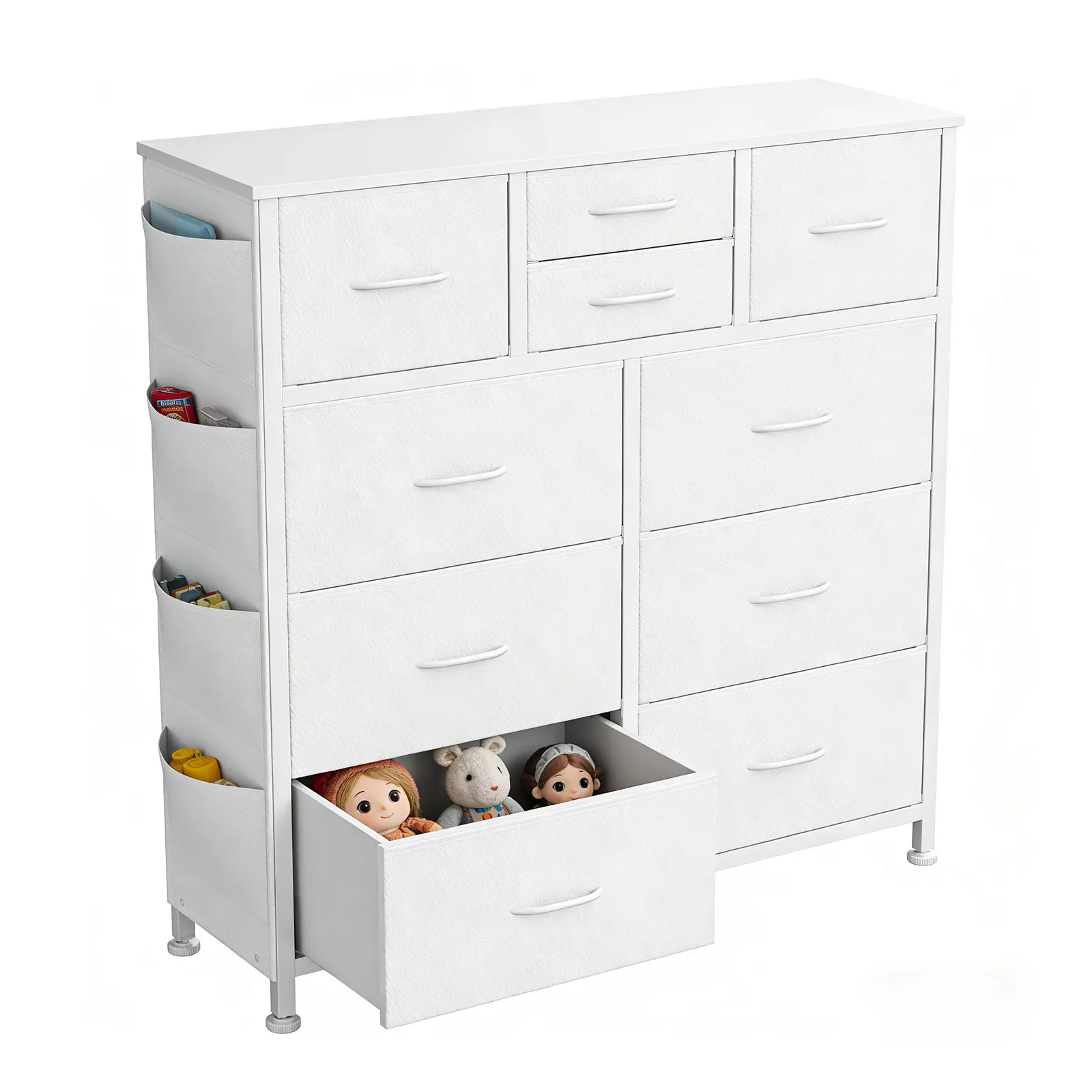 Sweetcrispy 10-Drawer Dresser Furniture, Closet-Ready Storage Hub with Side Pocket+Hooks, Wood-Top Cabinet Bedroom Furniture for Bedroom Organization