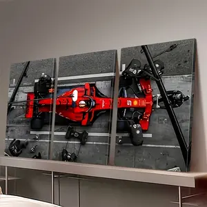 3-Panel Ferrari F1 Pit Stop Canvas Poster – Red Formula Racing Multi-Panel Wall Art for Garage, Office & Motorsport Fans