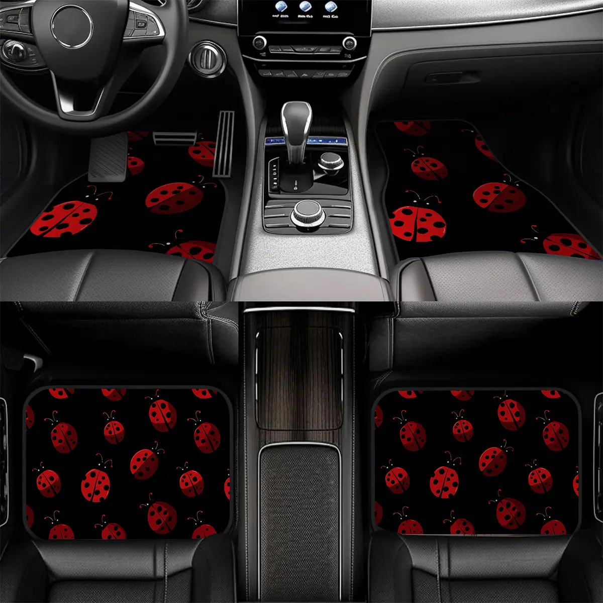 4pcs Vivid Red Ladybug Pattern Car Floor Mats | Non-Slip Polyester Design, All-Weather Accessory, Perfect for Cars, Trucks, SUVs Interior Enhancement Car Mat Set