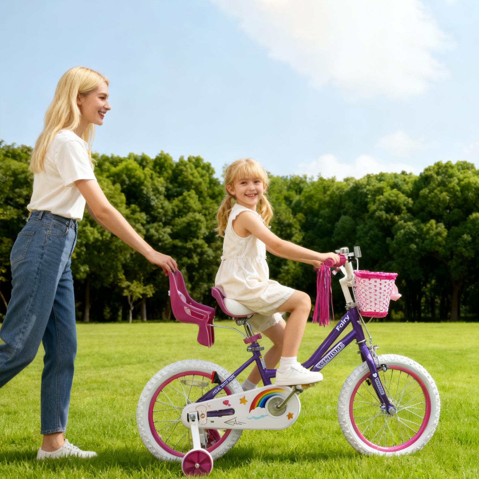 WinHope Little Fairy Children's Bicycle Ages 2–9 | 12–18 inch with training wheels, front basket, doll seat, handlebar ribbon | 95% preassembled, dual brakes, adjustable seat/handlebar WinHope Little Fairy Children's Bicycle Ages 2–9 | 12–18 inch with training wheels, front basket, doll seat, handlebar ribbon | 95% preassembled, dual brakes, adjustable seat/handlebar