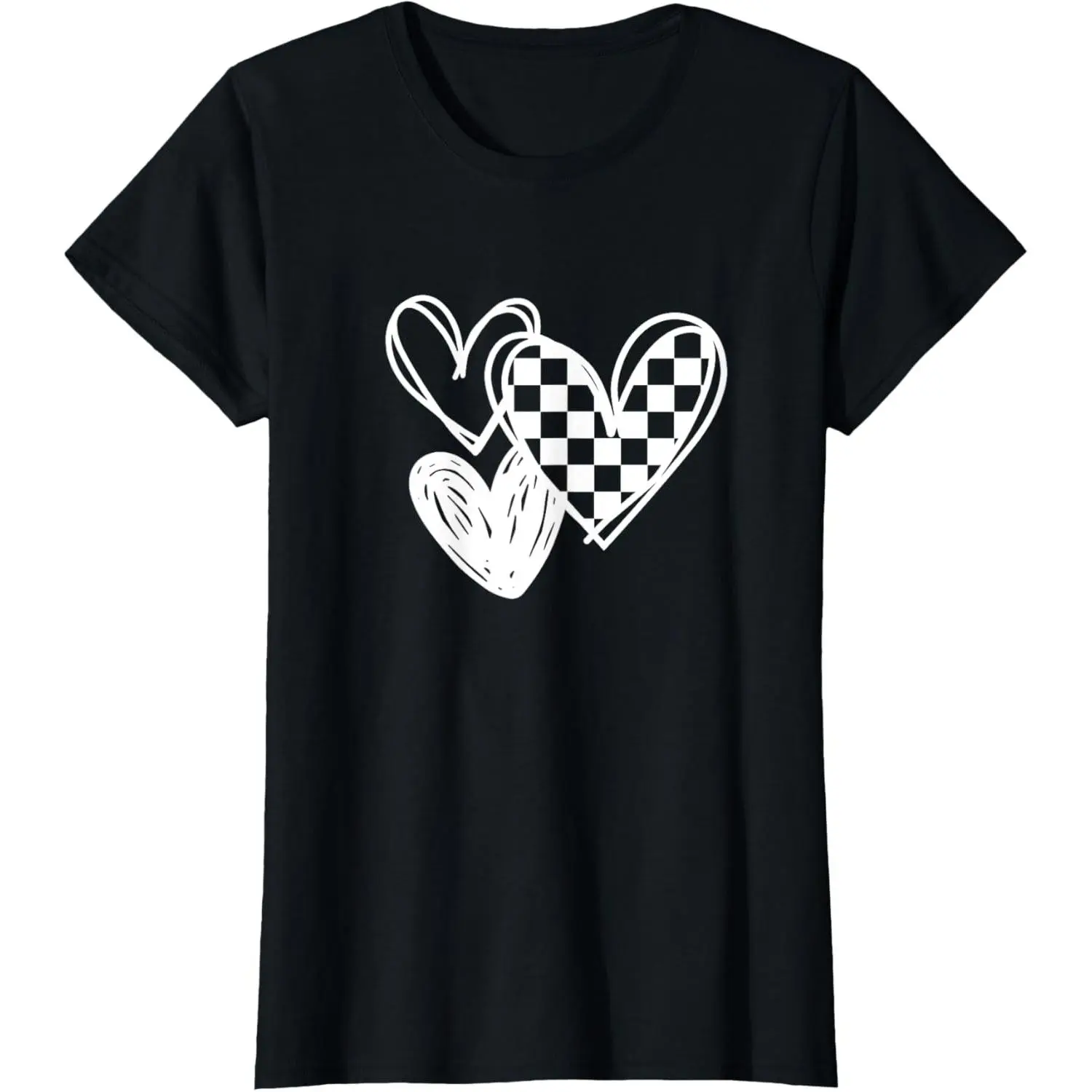 Women's Casual Cotton Round Neck Short-Sleeve Graphic T-Shirt - Checker Flag Racing Heart, Car Racetrack Design, Shortsleeve, Top, Tshirt, Distressed