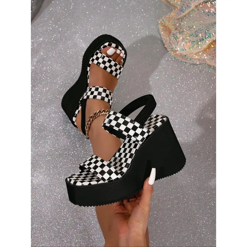 Women's Checked Pattern Platform Heels Sandals, Sandals for Women, Trendy Slip on Wedge Sandals, Chic All-match Shoes for Daily Wear