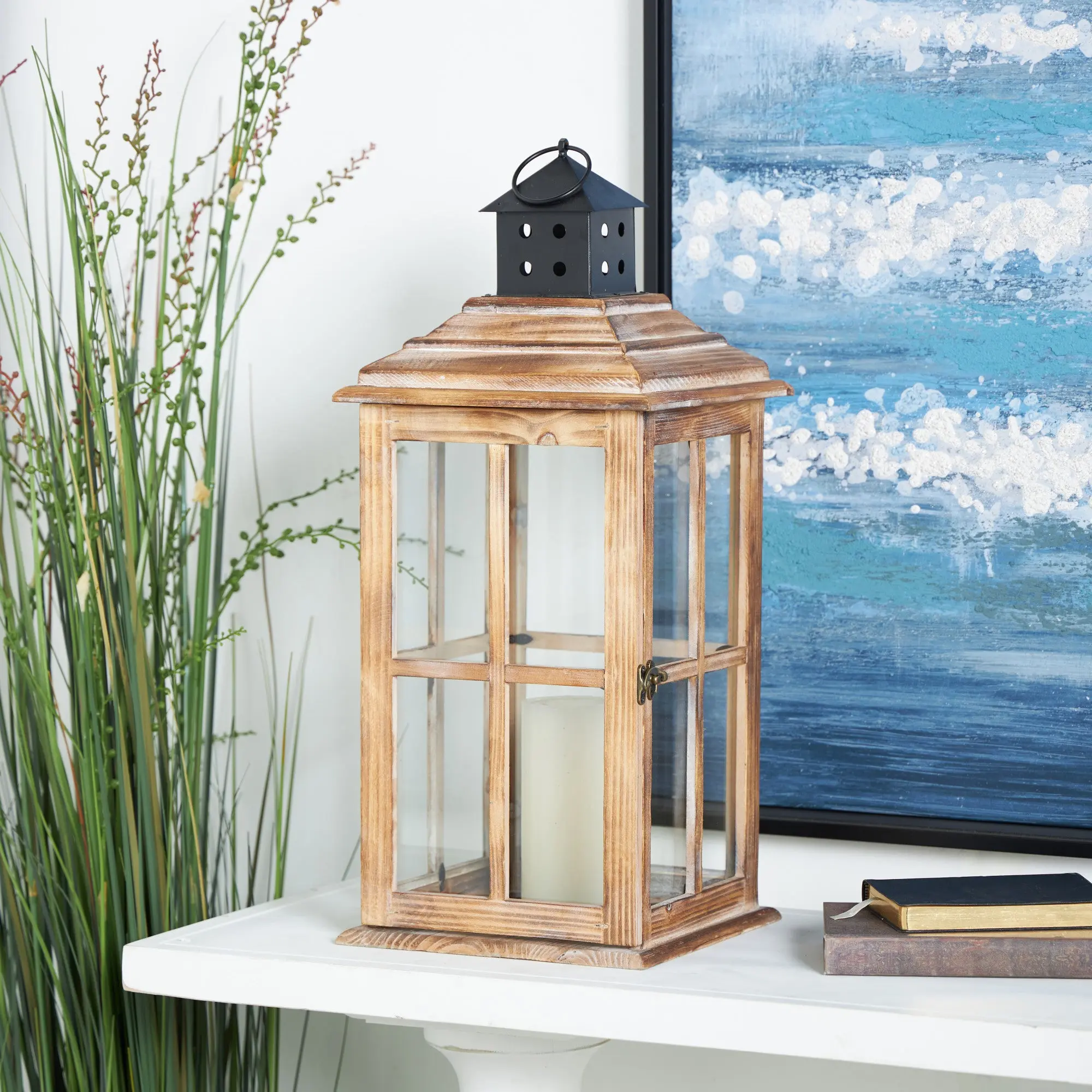 Wood Lighthouse Style Glass & Metal Candle Holder Lantern with Round Rubber Black Ring Handle, 9"x9"x22" Indoor-Outdoor Home Decor, Pillar