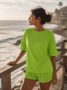 Women’s Lime Green Waffle Knit Two Piece Set – Cute Trendy Summer Outfit with Oversized 3/4 Sleeve Top & Matching Shorts for Vacation, Beach, Lounge Womenswear Clothes