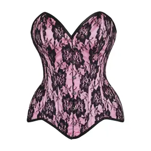 Top Drawer Pink Satin w/Black Lace Overlay Steel Boned Overbust Corset