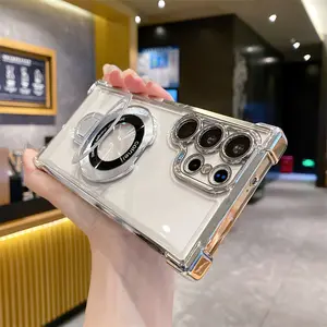 Phone Case - Transparent Electroplated Magnetic Stand Protective Case with Four Corners Air Cushion, Designed for S26 Ultra S25 FE, S25 Ultra, S25 Plus, S25, S24 FE, S24, S23, S22 Plus, S21 Ultra Cover, Shockproof Stand Cover