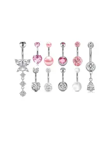 Women's Belly Button Rings Set, Surgical Steel Butterfly Navel Piercing Jewelry, Heart Zirconia Pendant, Rhinestone Belly Ring, 14g Body Accessories