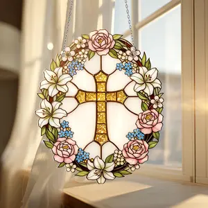 Elegant Stained Glass Floral Cross Suncatcher - Christian Easter Window Decor - Religious Lily & Rose Ornament - Faith-Based Home Gift