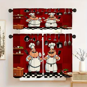 SoftHaven Home 3-Piece 2D Flat Print Kitchen Curtain Set - Made in USA, Polyester, 2 Chefs Unique Pattern, Rod Pocket Design, All-Season Window Decor for Kitchen & Cafe