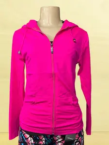 Workout Jacket - Stretchy Sport Jacket in Pink with Hood, Front Zipper, and Side Pockets