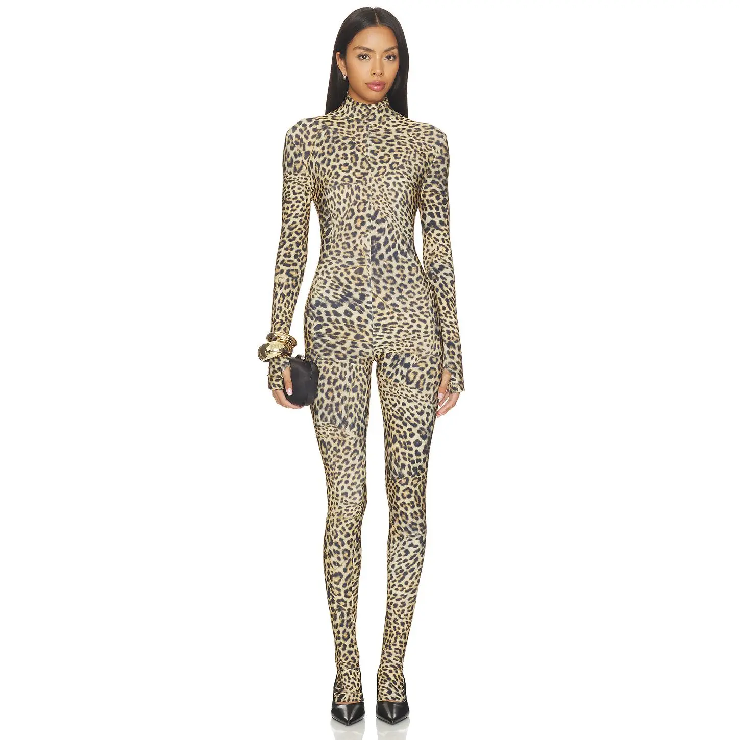 Norma Kamali Long Sleeve Slim Fit Turtle Catsuit With Footie in Cheetah Patch