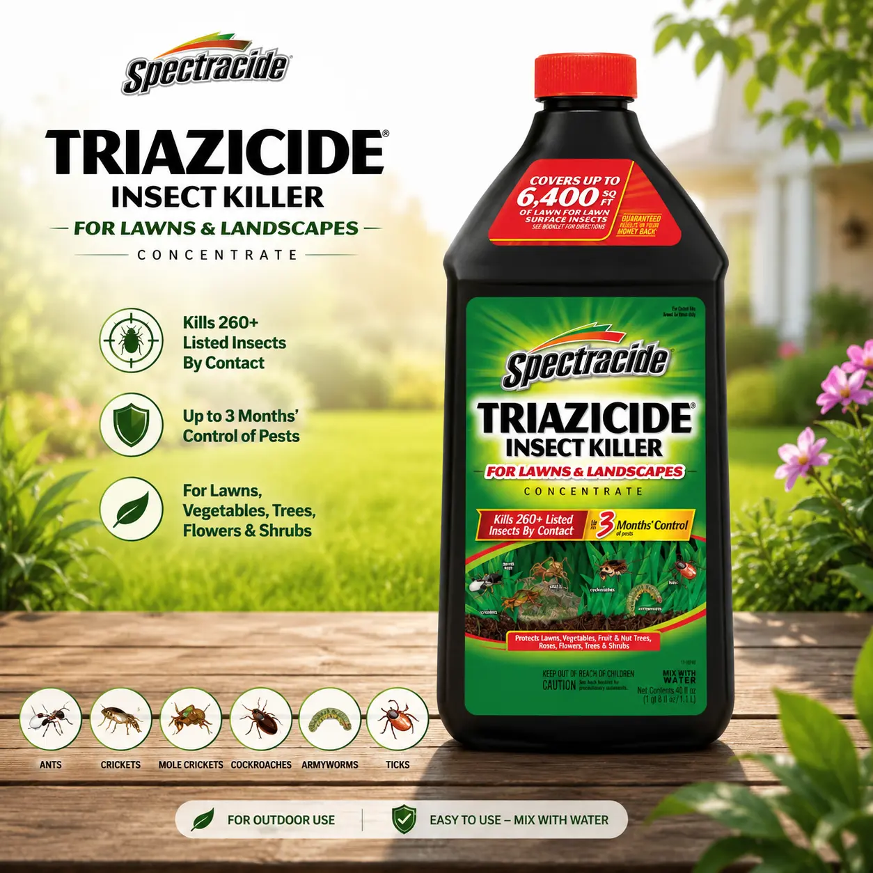 Spectracide Triazicide Concentrated Insect Killer - 40oz Concentrate Formula, Non-Staining to Most Home Siding, Kills Deer Ticks, for Lawns and Landscapes, Covers 6,400 Sq Ft, Protects Lawns
