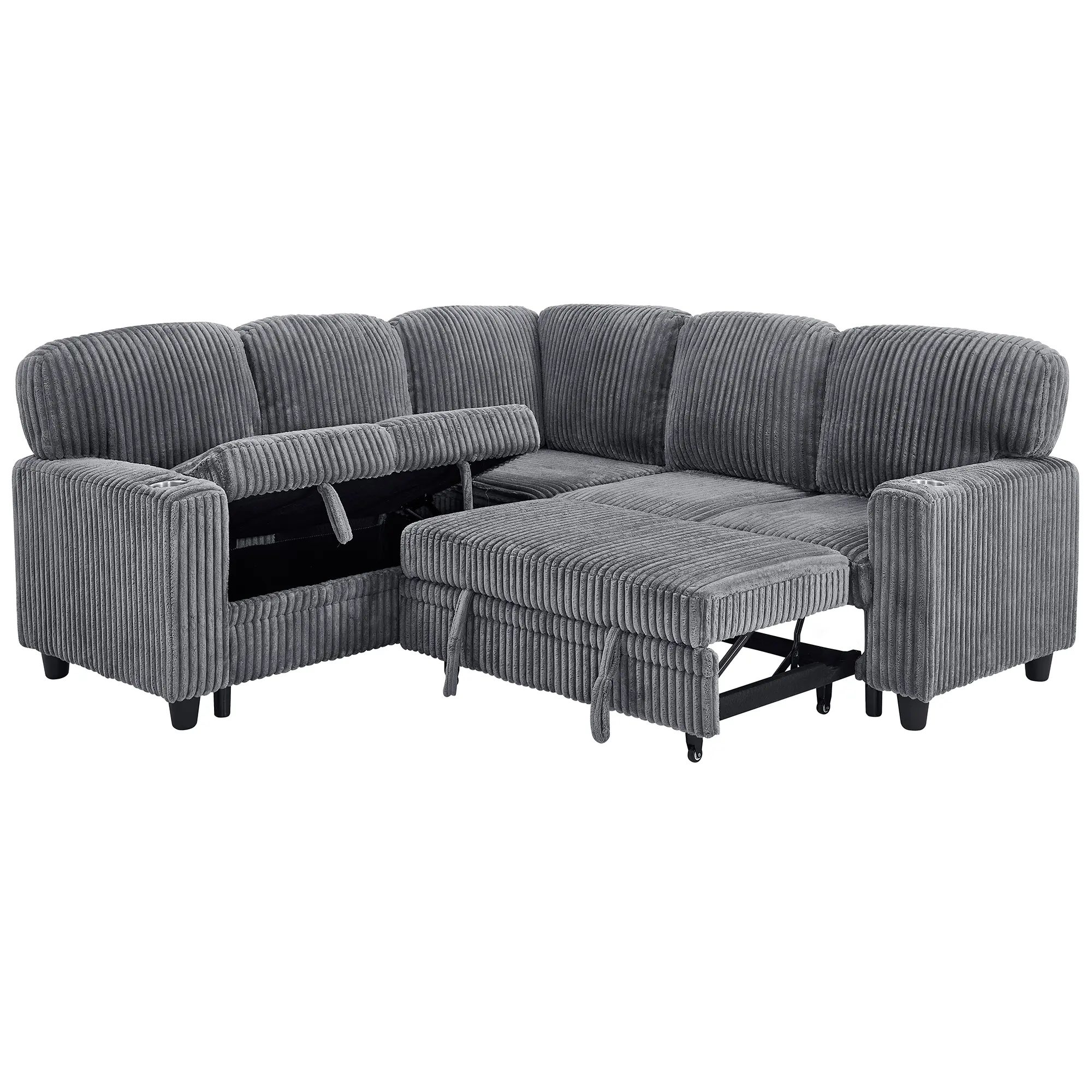 Modern L-Shaped Sectional Sofa Bed with Pull-Out Sleeper & Storage, 5-Seat Convertible Couch with USB Charging Ports, Corduroy Fabric Sofa for Living Room, Apartment, Olive Green, Space-Saving Modular Design